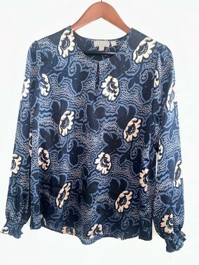Ted Baker Blue Floral Print Keyhole Long Sleeve Blouse Size L